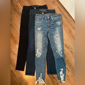 American Eagle skinny jeans, set of 3, size 6, high-waist, black, blue & ripped